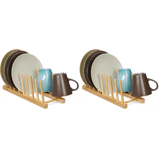 Relaxdays Tellerständer, für 8 Teller, Schneidebretter, Topfdeckel, Abtropfgestell Geschirr, Bretthalter Bambus, Natur, 12 x 12,5 x 34 cm (Packung mit 2)