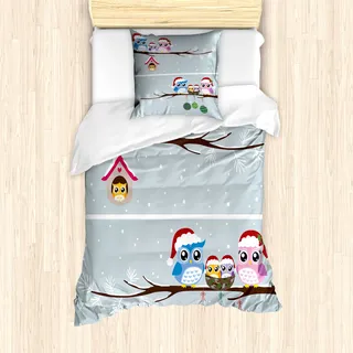 ABAKUHAUS Eule Bettbezug Set für Einzelbetten, Eulen mit Santa Hats, Milbensicher Allergiker geeignet mit Kissenbezug, Bunt - Grau