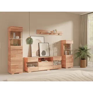 Wohnwand OTTO HOME "VETRO: besteht aus 2 Vitrinen, 1 Lowboard & 1 Wandregal, Wohnzimmer.", kernbuchefarben, Kastenmöbel-Sets, Wohnwand, Breite:280cm,Türen aus Massivholz mit Glaseinsätzen,Korpus aus Melamin