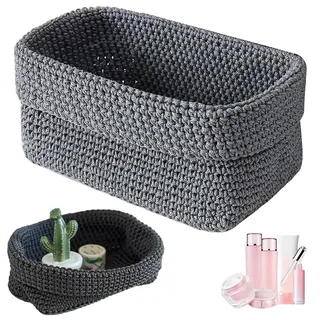 JYNVO Aufbewahrungskorb Grau, Handgewebter Häkelkorb aus Baumwollseil, 21cm*13cm*15.5cm, Aufbewahrungskörbe Klein Körbchen Geflochten, für Küche, Bad, Regale, Brot, Kosmetik Organizer Box