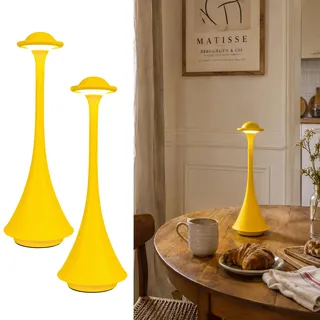 LuminexDesigns 2ER Kabellos LED Tischlampe Touch Dimmbar–Metall im Modern Minimal Design,Akku Tischlampe Tragbar Nachttischlampe für Abendessen,Café,Balkon & Terrasse Atmosphäre -Senfgelb