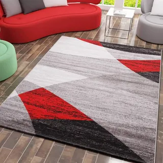 VIMODA Teppich Geometrisches Muster Meliert in Rot Grau Weiß Schwarz Kurzflor Wohnzimmer, Maße:60 x 110 cm