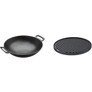 RÖSLE VARIO Wok, Hochwertiger Wok aus emailliertem Gusseisen zum scharfen Anbraten & VARIO Grillplatte, Hochwertige Grillplatte aus Gusseisen
