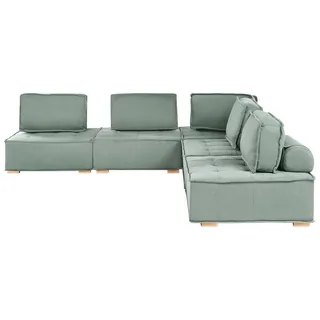 BELIANI Modulares Ecksofa Hellgrün Stoff 300 x 200 cm Gesteppt 5-Sitzer Wohnlandschaft L-Form aus Verschiedenen Elementen mit Kissen Modern Skandi - Grün, Braun