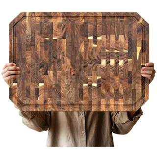 Utoplike Großes Schneidebrett aus Akazienholz, Stirnholz-Schneidebrett mit Saftrinne und Griffen, beidseitig verwendbares Schneidebrett für Fleisch, Gemüse und Käse