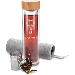 Navaris Teeflasche aus Glas mit Sieb - 450ml Tee Flasche Teekanne to go - Trinkflasche Travel - doppelwandig aus Borosilikatglas mit Hülle