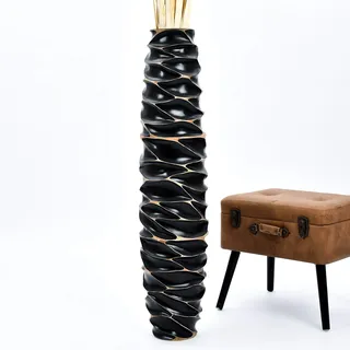 Leewadee Große Deko Bodenvase Für Dekozweige, Hohe Standvase Für Pampasgras, Design Holzvase, 110 cm, Schwarz