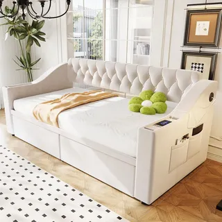 LVHOM Schlafsofa mit Lattenrost 90x190cm, Samt Tagesbett mit Stauraum&USB, Polsterbett Daybett mit Schubladen & Armlehnen-Fächern, Beige - Beige