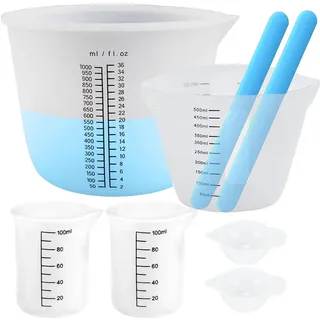 6 Stück Silikon Messbecher Set für Epoxidharz, Silikonbecher 1000ml/500ml/100ml/15ml Messbecher Krüge mit 2 Silikon Rührstäbchen für Epoxy Resin, DIY, Basteln, Labor
