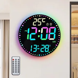 SUNOYA Digitale Wanduhr, 12" Wanduhr Digital mit Nachtlicht, Alarm, Fernbedienung, 12 RGB Farben, LED Uhr, Auto Helligkeit, Temperaturanzeige, Digitaluhr Uhr für Schlafzimmer Wohnzimmer Fitnessstudio
