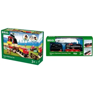 BRIO World 33719 Bahn Bauernhof Set - Holzeisenbahn mit Bauernhof & World 33884 Batterie-Dampflok mit Wassertank