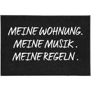 TassenTicker - Fußmatte mit Spruch -Meine Wohnung.Meine Musik.Meine Regeln. - lustig - schwarz - Willkommen - innen & außen - waschbar - Geschenkidee - Dekoration