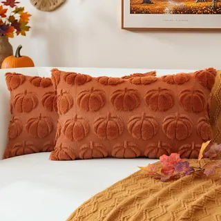 JOTOM 2er Set Kürbis Kissenbezüge, Plüsch Kurze Wolle Dekorativ Zierkissenbezüge Herbst Boho Kissenhüllen Sofakissen Moderne Kissenbezug Herbstdeko für Wohnzimmer Garten (40x60cm, Rost)