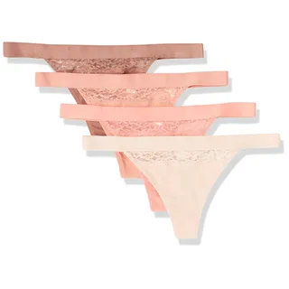 Amazon Essentials Damen Tanga-Unterwäsche Baumwolle und Spitze, 4er-Pack, Lachsrosa/Braun/Hellrosé, 36