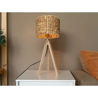 Dreibein Holz Tischlampe mit Korbgeflecht Lampenschirm Wasserhyazinthe 57cm groß