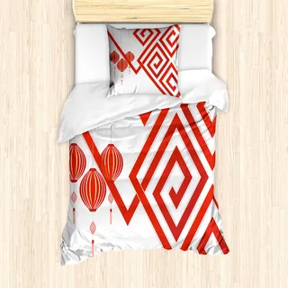 ABAKUHAUS Laterne Mantele, Chinese Abstrakte Kunst, Milbensicher Allergiker geeignet mit Kissenbezügen, 135 cm x 200 cm - 80 x 80 cm, weiß Rot - Rot