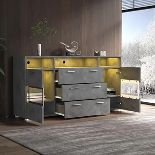 STILVORA Beistellschrank mit 2 transparenten Acryltüren und 3 Schubkästen,Multifunktionales Sideboard mit offene Fächer,Beistellschrank mit LED-Beleuchtung,Grau - Grau