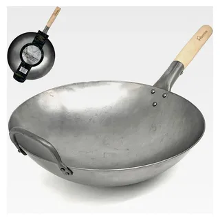 Wok 36 cm handgehämmert Kohlenstoffstahl mit rundem Boden und Holzgriff – traditionelle Wokpfanne, PFAS-frei, geeignet für Gas, Grill und Outdoor