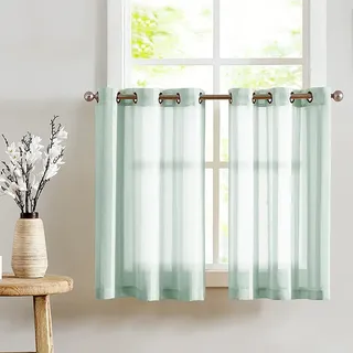 TOPICK Voile Scheibengardinen mit Ösen Transparent Bistrogardine Landhaus Streifen Küchenvorhang Gestreift Küchengardinen Paarig für Badezimmer Klein Fenster Dekor 90x115cm(BxH) Blaugrün 2er Set