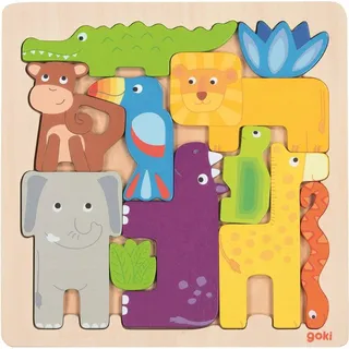 GoKi 57320 – Einlegepuzzle Safari aus Holz – 11-teiliges Kinderpuzzle mit exotischen Tieren, ca. 21 cm breit, ab 3 Jahren