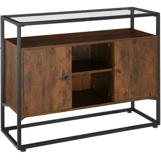 Tectake tectake® Sideboard, Oldham 100x38x80,5cm - Industrial Style, Glasplatte, offenes Fach, 2 Staufächer mit Magnettüren und 3 Einlegeböden, 100 x 38 x 80,5 cm