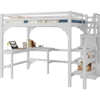 Stilvora Hochbett 140/200 cm in Weiß mit L-Schreibtisch, offenem Kleiderschrank und Stauraumtreppe aus Kiefernholz im minimalistischen Design , Holz , 140x200 cm , Babymöbel & Kindermöbel, Kinderzimmer & Jugendzimmer, Kinderbetten, Hochbetten