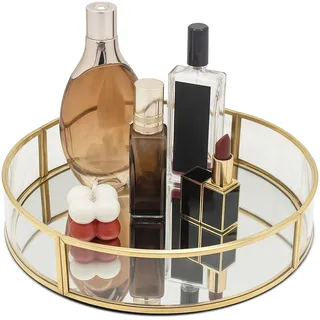 Deko Tablett Rund, SLHEQING Spiegeltablett Gold Badezimmertablett Glass Make up Organizer Vintage Kosmetik Organizer Aufbewahrung Tablett für Badezimmer Schminktisch
