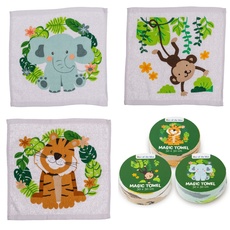 damaloo 3X Magisches Handtuch Kinder mit Tiermotiv - Zaubertuch mit Jungletiere Motiv - Magic Towel für Kids - Magische Handtücher Set für Mädchen & Jungen - Zauber Waschlappen aus Baumwolle 30x30