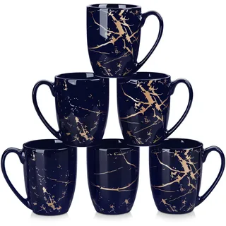 LOVECASA Keramik Kaffeetassen Set 6 Stück 330 ml – Marineblau Gold Marmor Design – Moderne Kaffeebecher für Cappuccino, Latte, Tee – Spülmaschinenfest & Mikrowellengeeignet