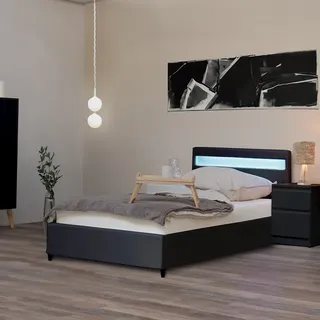 HOME DELUXE - LED Bett NUBE - Dunkelgrau, 90 x 200 cm - inkl. Lattenrost und Schubladen I Polsterbett Design Bett inkl. Beleuchtung - Dunkelgrau