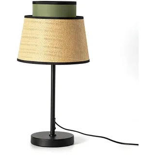 Alpinaluz Tischleuchte aus Metall und Rattan, Schwarze Tischlampe mit Doppeltem Lampenschirm, E27 Nachttischlampe für Schlafzimmer und Wohnzimmer