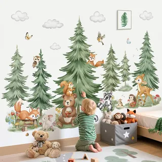 decalmile Wandsticker Baum Große Kiefer Wandtattoo Waldtiere Hirsch Bär Fuchs Wandaufkleber Kinderzimmer Babyzimmer Schlafzimmer Wanddeko