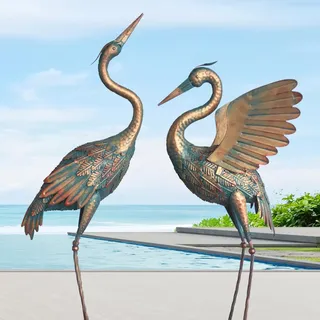 oritty Kranich-Gartenstatue aus Metall, 84-94 cm, Vogelreiher-Gartenskulptur und Statuen, Outdoor-Dekoration für Hof, Teich, Rasen, Hinterhof, Pool, Vintage-Kran, 2 Stück