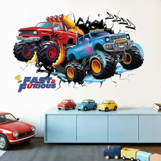 SHUCHING Große Wandtattoo Monstertruck 3D für Kinderzimmer Junge | Wandsticker Auto XXL, Selbstklebende Wandaufkleber für Spielzimmer Kinder
