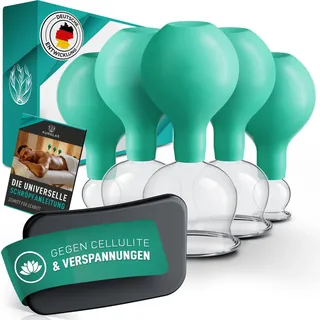 KURGLAS [Das Original] Schröpfgläser aus Echtglas [5 Stück] - Medizinische Schröpfen mit Saugball & Faszienschaber - mit starker Saugleistung - Schröpfset mit e-Book - Gegen Verspannungen & Cellulite