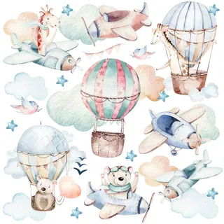 Muralo Wandaufkleber SET Wilde Tiere Wolken Flugzeuge Luftballons 60x30 , Rosa, Orange, Braun, Beige, Grau , Papier , Rechteckig , 60x30x1 cm , Tapeten & Wandverkleidungen, Wandtattoos & Sticker, Wandtattoos