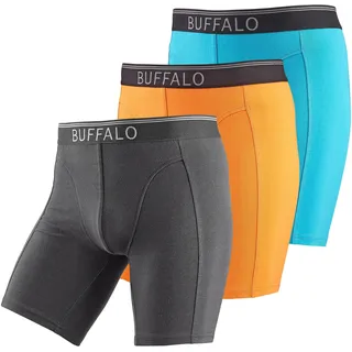 Langer Boxer BUFFALO "Boxershorts für Herren", Herren, Gr. XL, 3 Stk., bunt (türkis, orange, schwarz), Jersey, Obermaterial: 92% Baumwolle, 8% Elasthan (LYCRA), unifarben, Unterhosen Langer Boxer, in langer Form ideal auch für Sport und Trekking, Topseller