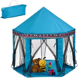 Relaxdays Spielzelt sechseckig, für Kinder, Spielhaus Indoor, HBT: 135 x 140 x 140 cm, Kinderzelt 6 Eingänge, türkis