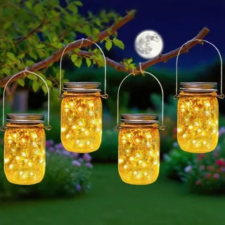 XVZ Solarlaterne für Außen, 4 Stück Solar Laterne für garten hängend Einmachglas Wasserdichte Aussen Lampions Lichterkette im Glas, Gartendeko für Tisch, Balkon, Terrasse, Patio - Warmweiß
