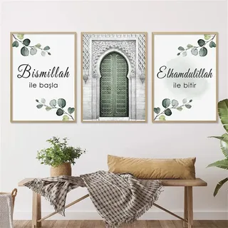 3er Poster Set Wandbilder grüne Pflanzen, Blätter, Islamischen Leinwand Malerei, Islamische Bilder Wohnzimmer Wanddeko Drucke, Kein Rahmen (30x40cm)
