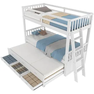 Flieks Etagenbett 90x200cm Weiß Kiefer MDF Ausziehbett 3 Schubladen , Holz , 90x200 cm , Babymöbel & Kindermöbel, Kinderzimmer & Jugendzimmer, Stockbetten