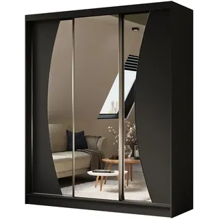 Masseno Schwebetürenschrank Voce 180/216/61 cm 3-türig mit Spiegel Schwarz , Holzwerkstoff , 7 Fächer , Rechteckig , 180x216x61 cm , Schlafzimmer, Kleiderschränke, Schwebetürenschränke