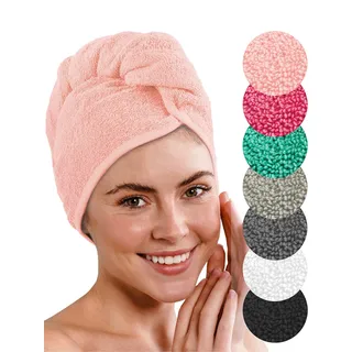 LAYNENBURG 2er-Set Premium Haarturban mit Knopf aus 100% Baumwolle - Haar-Handtuch inkl. 8 Haargummis - für Kurze und Lange Haare – Turban Handtuch ist schnelltrocknend und saugstark (rosa)