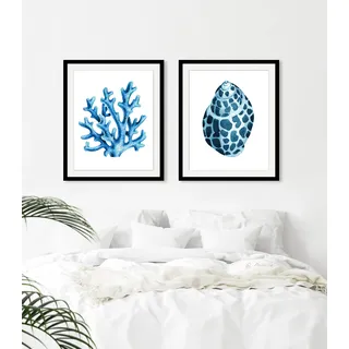 Bild QUEENCE "Worti", blau (farbe rahmen: schwarz, farbe bild(er): blau), B:40cm H:50cm, Acrylglas, Holz, Papier, Bilder, Bild, HD Premium Poster-Druck inkl. Holzrahmen