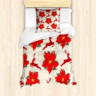 ABAKUHAUS Weihnachten Mantele, Poinsettia-Ren, Milbensicher Allergiker geeignet mit Kissenbezügen, 135 cm x 200 cm - 80 x 80 cm, Scharlachrubin Beige - Beige