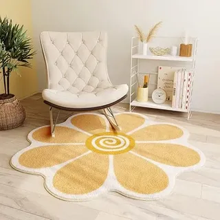 Morbuy Teppich Rund für Wohnzimmer, Schlafzimmer, Kinderzimmer, Weich Fauschige Unregelmäßige Form Kurzflor Bodenmatte, Waschbare Teppich mit Anti-Rutsch Unterseite (Gelbe Blume,80cm)