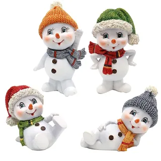 Dekohelden24 Schneekinder mit Mütze und Schal in Grün/Orange/Rot/Grau 4er Set L/B/H 4,7 x 4,7 x 8 cm