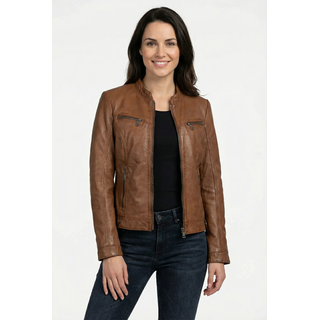 Lederjacke MAURITIUS "MWJanka", Damen, Gr. 3XL, braun (cognac), Obermaterial: 100% Schafsleder. Futter: 100% Baumwolle. Ärmelfutter: 100% Polyester, unifarben, regular fit kurz, eingesetzt angesetztes Bündchen, Jacken Lederjacke