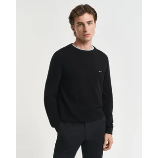 Rundhalspullover GANT "COTTON PIQUE C-NECK", Herren, Gr. 5XL, schwarz, Strick, Obermaterial: 100% Baumwolle, unifarben, regular fit hüftlang, Rundhals, Rippstrickbündchen, Pullover Rundhalspullover, mit Logostickerei auf der Brust