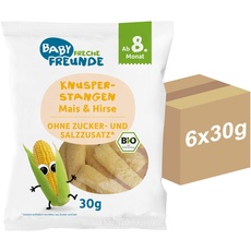 FRECHE FREUNDE Bio Knusper-Stangen Mais & Hirse, ohne Salz- und Zuckerzusatz, Bio Knabberzeug für Babys und Kinder ab 8 Monaten, 6er Pack (6x30g)